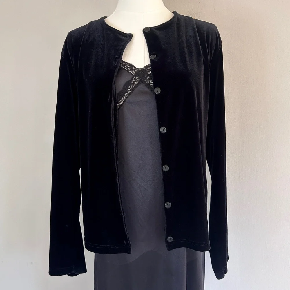 Y2K NY&CO Black Velvet Button Front Cardigan Whimsigoth Fairy Grunge 90s | Sz L